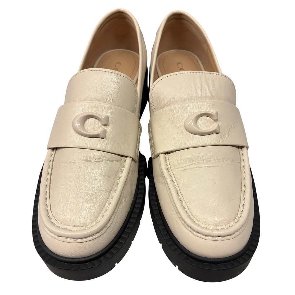 Coach Leah Platform Lug Sole Loafers Womens 7 Off White Leather C Logo CB990